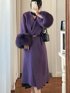 真狐狸毛袖口紫色双面羊绒大衣冬新款女名媛贵气中长款羊毛呢外套
