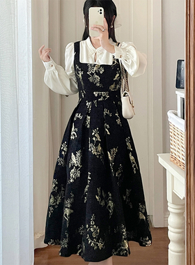 新中式黑色假两件连衣裙女秋冬新款修身提花刺绣显瘦打底裙长裙子