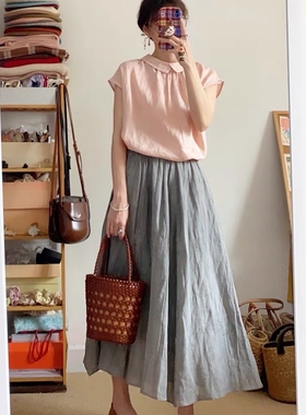 肌理感天丝亚麻垂感半身裙女2024夏新款灰色a字裙高腰显瘦中长裙