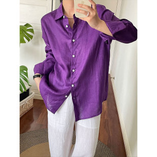 夏新款 女装 宽松休闲百搭文艺白色上衣 衬衫 亚麻纯色老钱风紫色经典