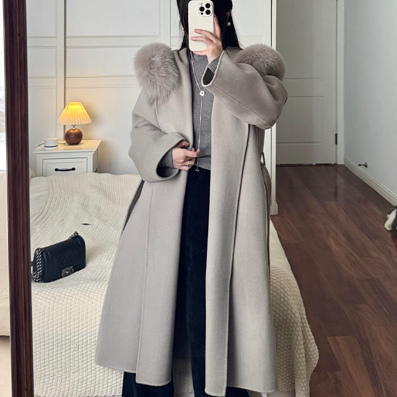 狐狸毛领连帽长款过膝双面呢手工羊毛大衣浴袍式外套女装秋冬新款