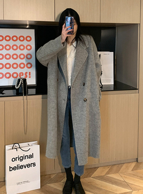 灰色双面羊毛大衣女高级感拱针挚爱澳毛羊驼绒外套加厚韩版宽松女
