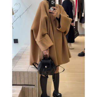 双面呢手工外套 圆领中长款 廓形宽松斗篷羊毛呢大衣女秋冬新款 韩版