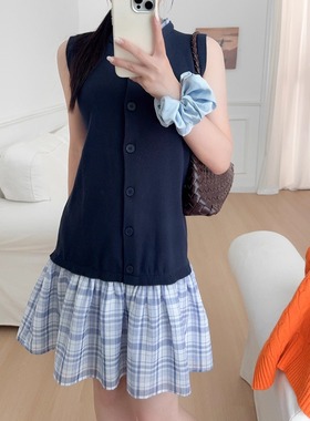 撞色拼接连衣裙女装25秋季新款针织裙子格纹裙摆荷叶领无袖连衣裙