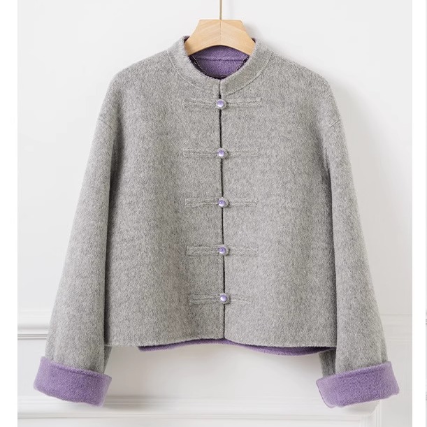 新中式国风灰紫色盘扣羊毛大衣