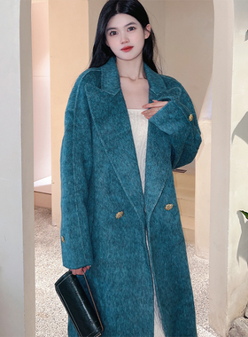蓝海传说双面呢手工羊毛大衣女装秋冬2025新款蓝色中长款毛呢外套
