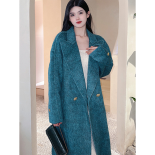 毛呢外套 蓝色中长款 蓝海传说双面呢手工羊毛大衣女装 秋冬2025新款
