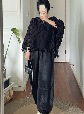 浮雕立体花型黑色盘花衬衫流苏上衣女装夏新款设计感宽松慵懒罩衫