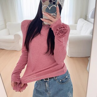 圆领内搭女新款 粉色羊毛天丝手工山茶花朵弹力打底衫 T恤上衣修身