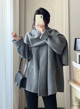 灰色双面羊毛围巾斗篷大衣女秋冬新款宽松韩版毛呢披肩短款外套潮