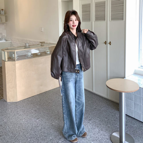 现货2602p155k248褐色立领机车皮衣外套女2026春季时髦减龄pu夹克