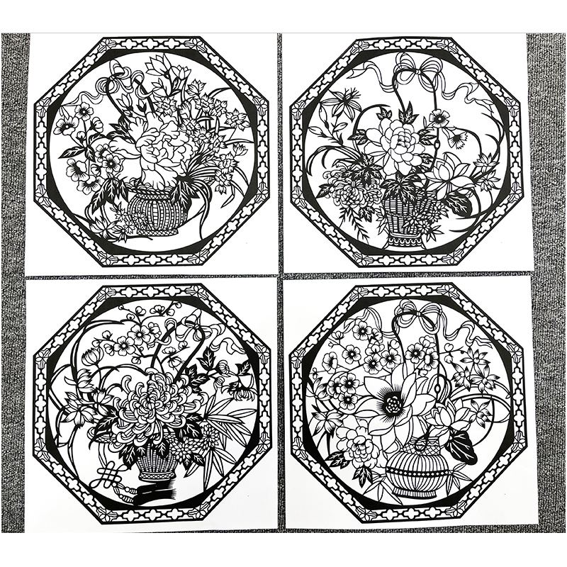 高清梅兰竹菊四季花篮剪纸底稿手工刻制图样窗花图案打印底稿4张