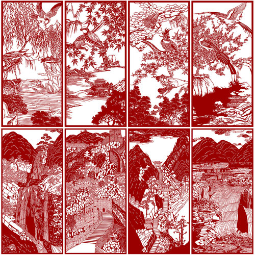 山水花鸟剪纸图案底稿刻纸图样