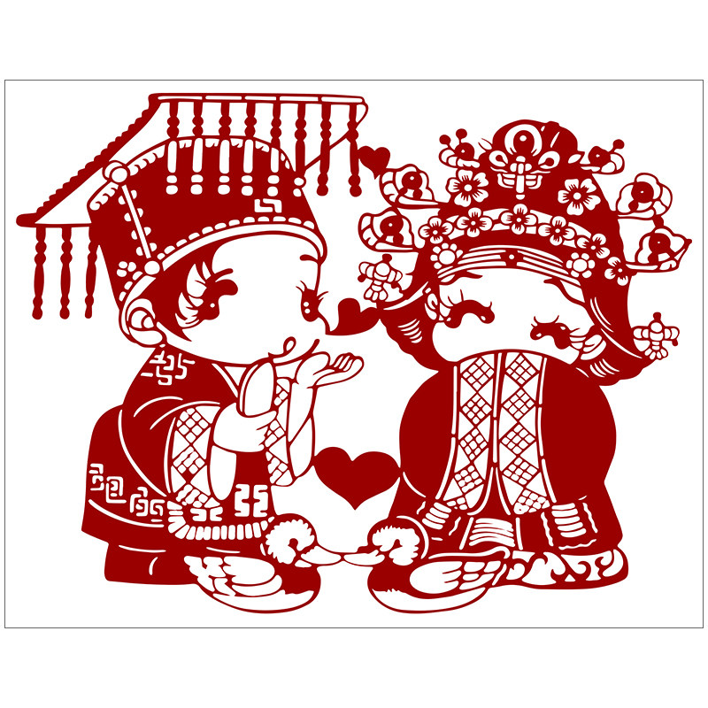 结婚喜庆卡通人物剪纸图案打印底稿高清手工刻纸图样黑白打印复印