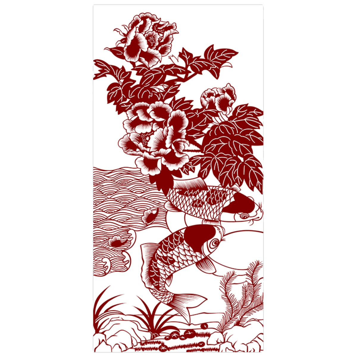 牡丹鲤鱼剪纸底稿图案手工刻纸图样模板中国风窗花打印底稿