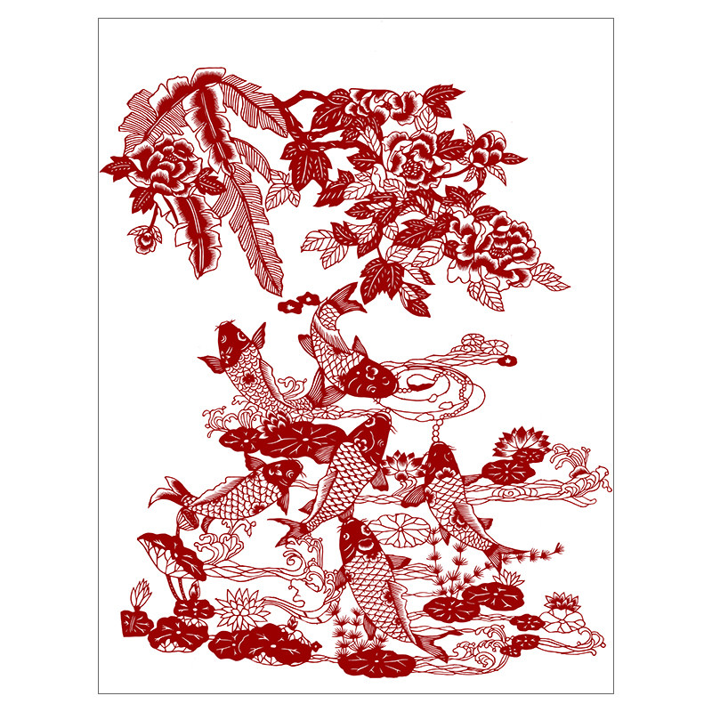 牡丹鲤鱼剪纸图案打印底稿手工刻纸国画图样六顺图黑白打印复印