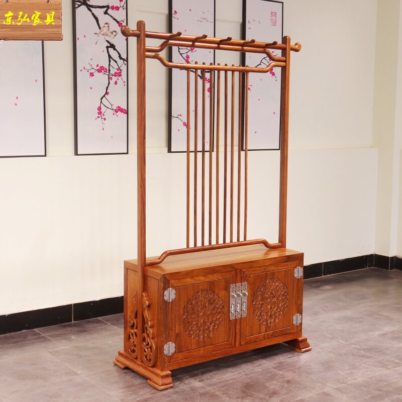 新中式衣帽架卧室门厅置物架刺猬紫檀衣架苏梨家具实木落地挂衣架