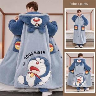 冬季睡袍男珊瑚绒加厚加绒长款男士睡衣大码卡通法兰绒家居服套装