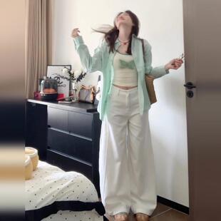 韩系薄荷绿长袖衬衣女款2026新款爆款高级感宽松休闲防晒衬衫外套