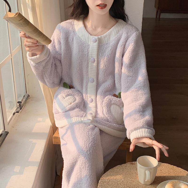 珊瑚绒睡衣女秋冬季加绒加厚开衫套装甜美可爱法兰绒可外穿家居服