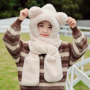 儿童帽子冬季女童可爱护耳帽围巾手套一体帽三件套男童宝宝套头帽