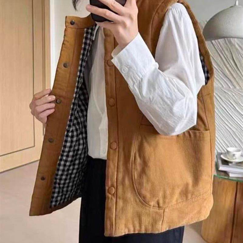 日系覆古风小个子宽松短款棉马甲外套女2025秋冬新款宽松百搭马夹,女装/女士精品,马夹,淘宝优惠券,粉丝福利购,淘宝优惠卷