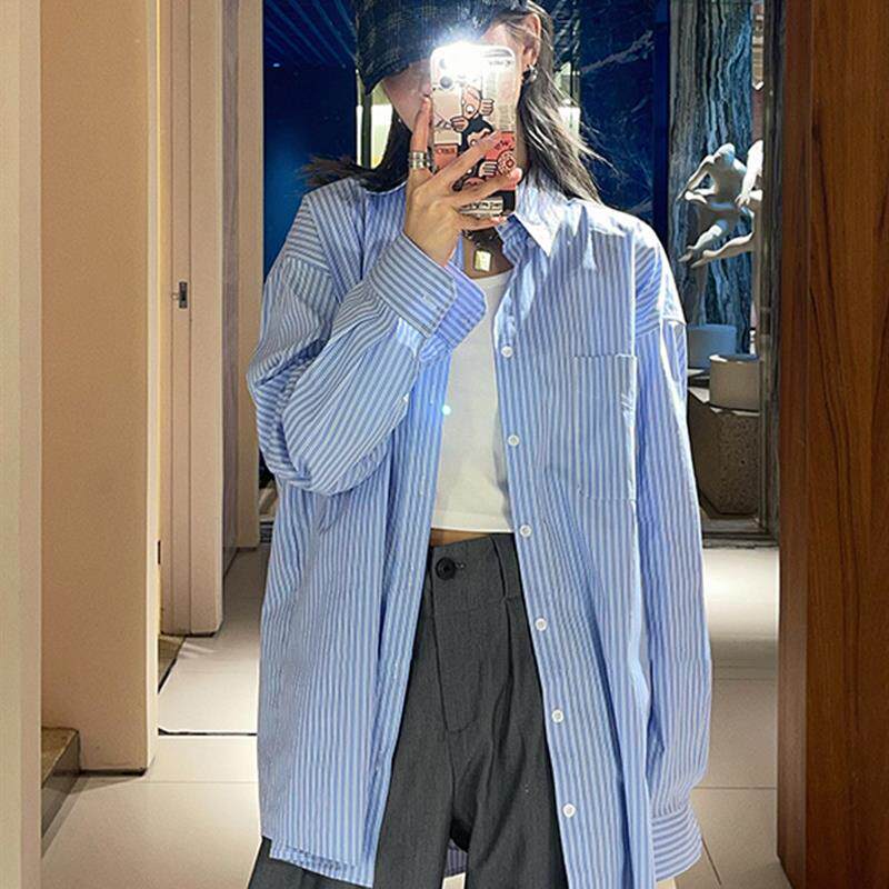 蓝色条纹衬衫外套女宽松中长款秋季上衣长袖衬衣女款2026新款爆款 - 实物图