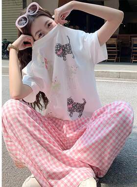 睡衣女夏季纯棉短袖粉色格子长裤宽松网红风休闲家居服套装可外穿