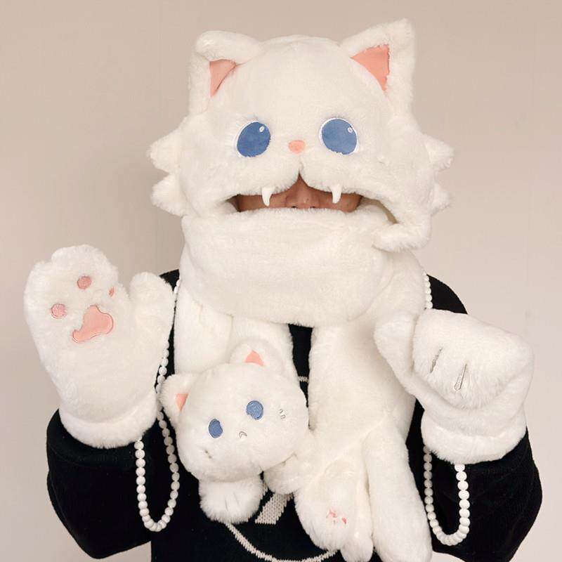 可爱猫咪围脖帽子手套一体毛绒保暖百搭连帽围巾冬季女生礼物礼品