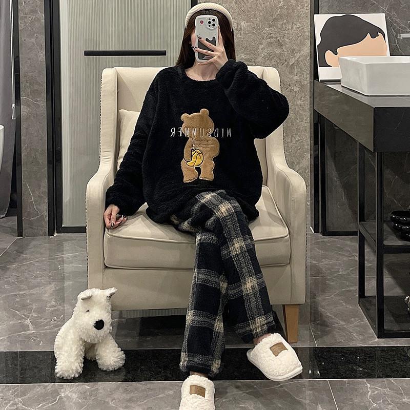 珊瑚绒睡衣女秋冬季棕熊2023新款加厚可外穿法兰绒春秋家居服套装