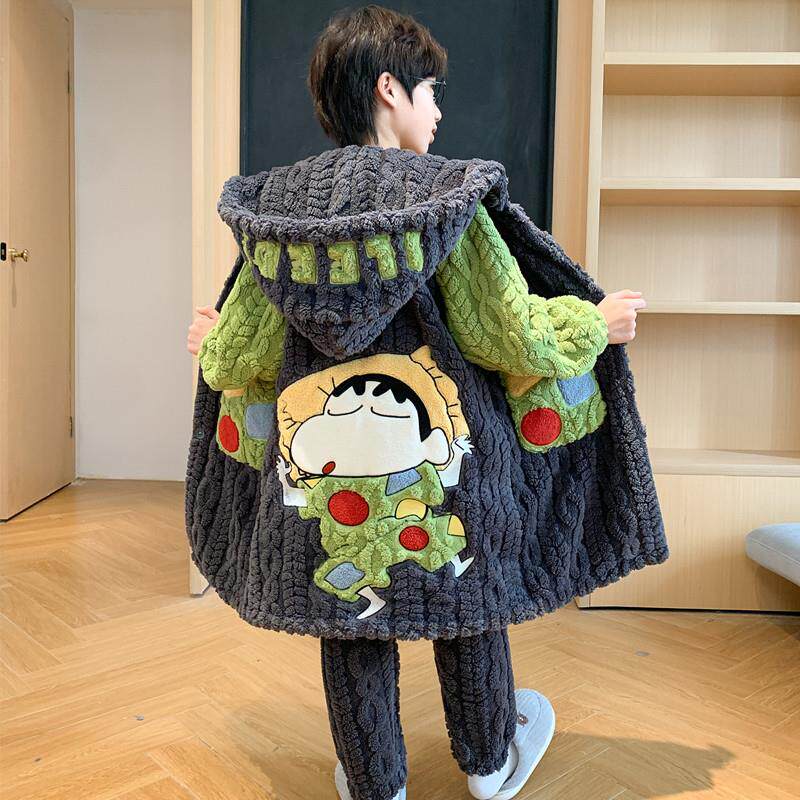 儿童睡袍男童秋冬季法兰绒长款套装加绒加厚珊瑚绒睡衣男孩家居服