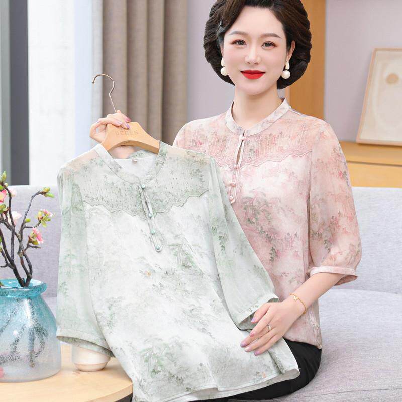 2025新中式妈妈夏装雪纺短袖t恤中老年人女夏季洋气国风小衫套装