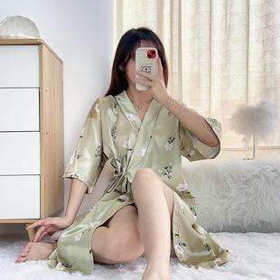 睡袍家居服性感浴袍直播 夏季 纯欲仿真丝薄款 七分袖 和服袍女士短袖