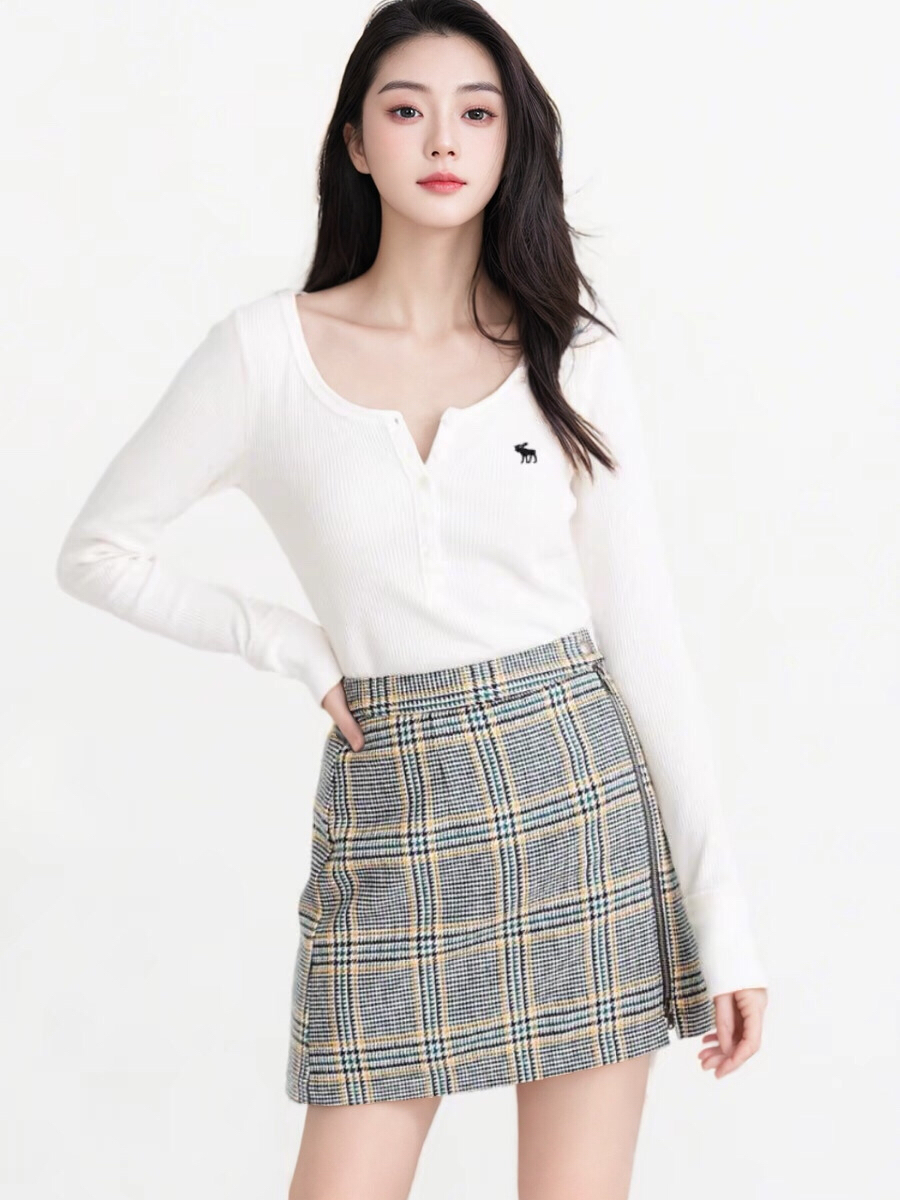 AF女装 辣妹大U领螺纹钮扣修身新款小麋鹿亨利式正肩长袖T恤