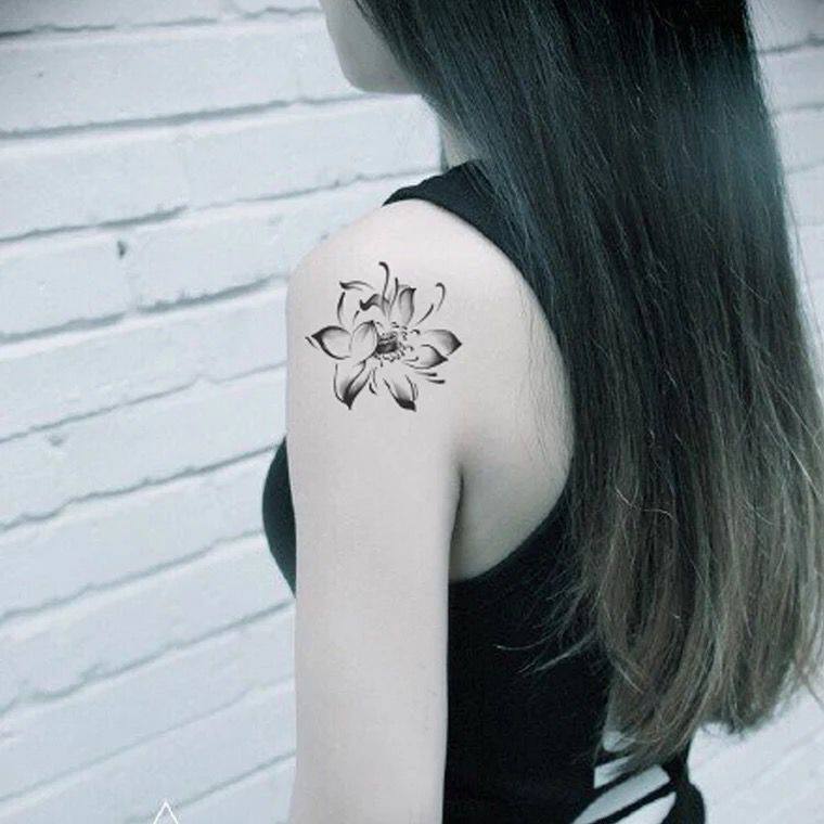 喵小姐黑白水墨莲花纹身贴女防水持久个性仿真图腾文艺清新刺青贴