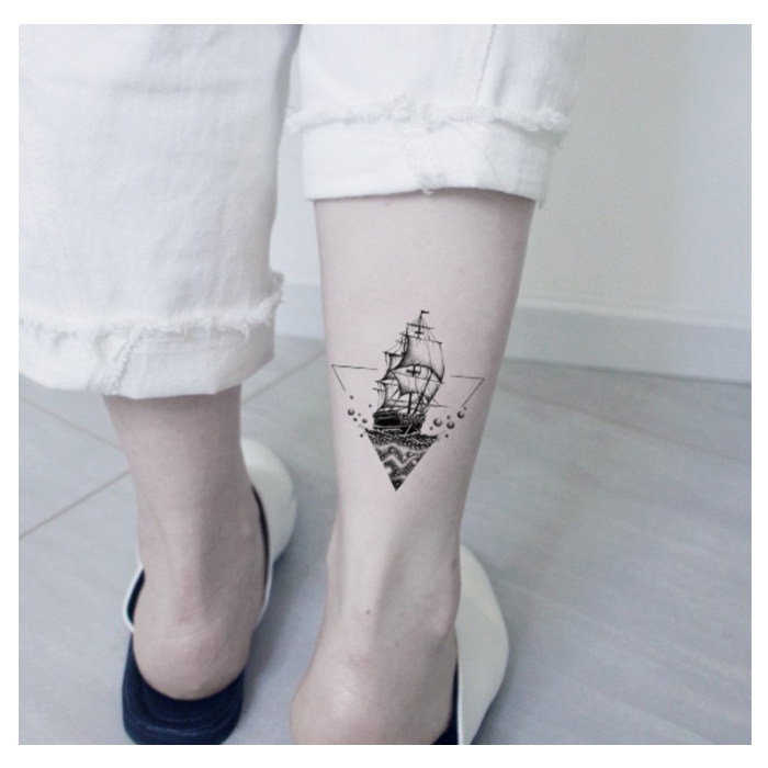 喵小姐黑白帆船纹身贴 防水持久男女一帆风顺小花臂 刺青原创贴纸
