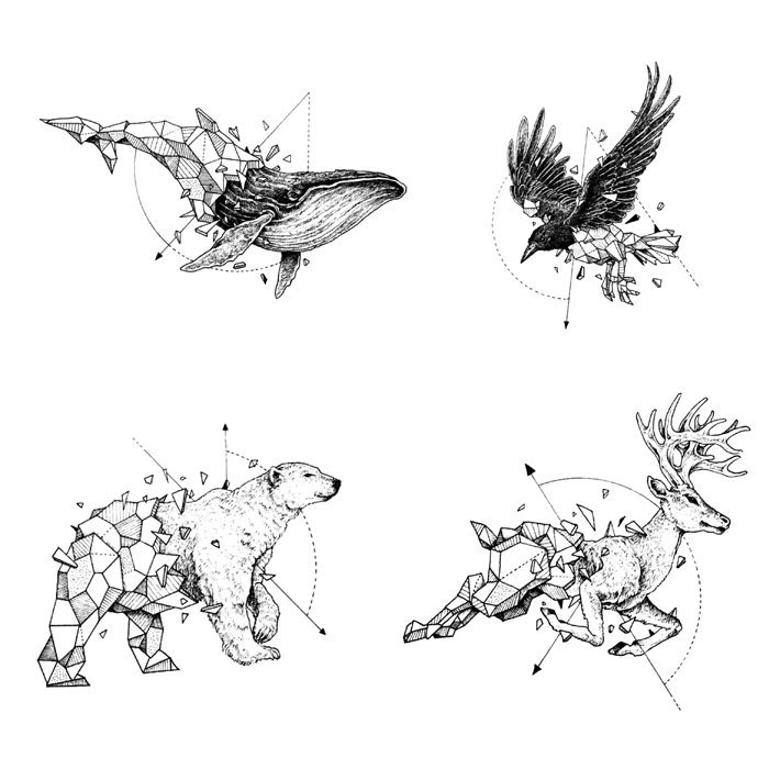 喵小姐纹身贴-鲸鱼北极熊老鹰麋鹿动物花臂黑白防水男女持久刺青