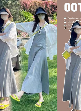 2026早春新款大码女装韩版纯棉吊带连衣裙衬衫两件套