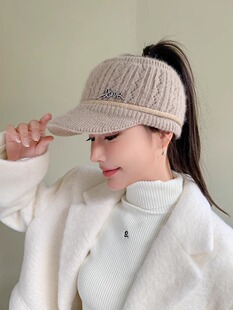 帽子女秋冬季时尚洋气针织鸭舌帽加绒保暖毛线帽可扎高马尾空顶帽