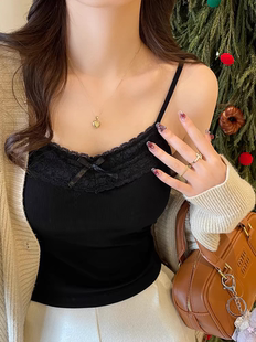 美貌代表 带胸垫吊带背心女蝴蝶结蕾丝内搭外穿显瘦短款上衣