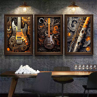 音乐主题清吧挂画酒吧美式复古酒馆装饰画吉他摇滚工业风壁餐吧画