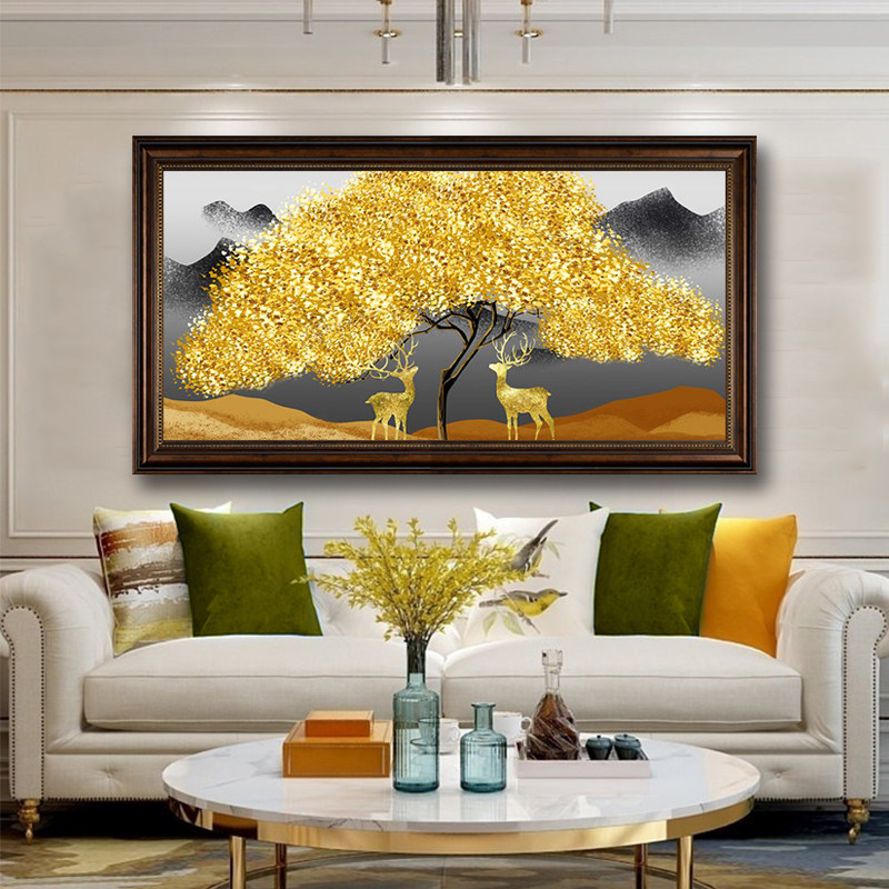 黄金树装饰画美式轻奢客厅沙发背景墙挂画大气金钱树酒店大堂壁画