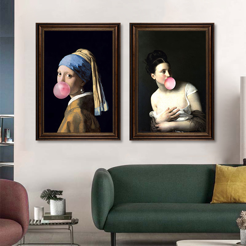 世界名画装饰画恶搞戴珍珠耳环的少女挂画客厅酒店蒙娜丽莎壁画