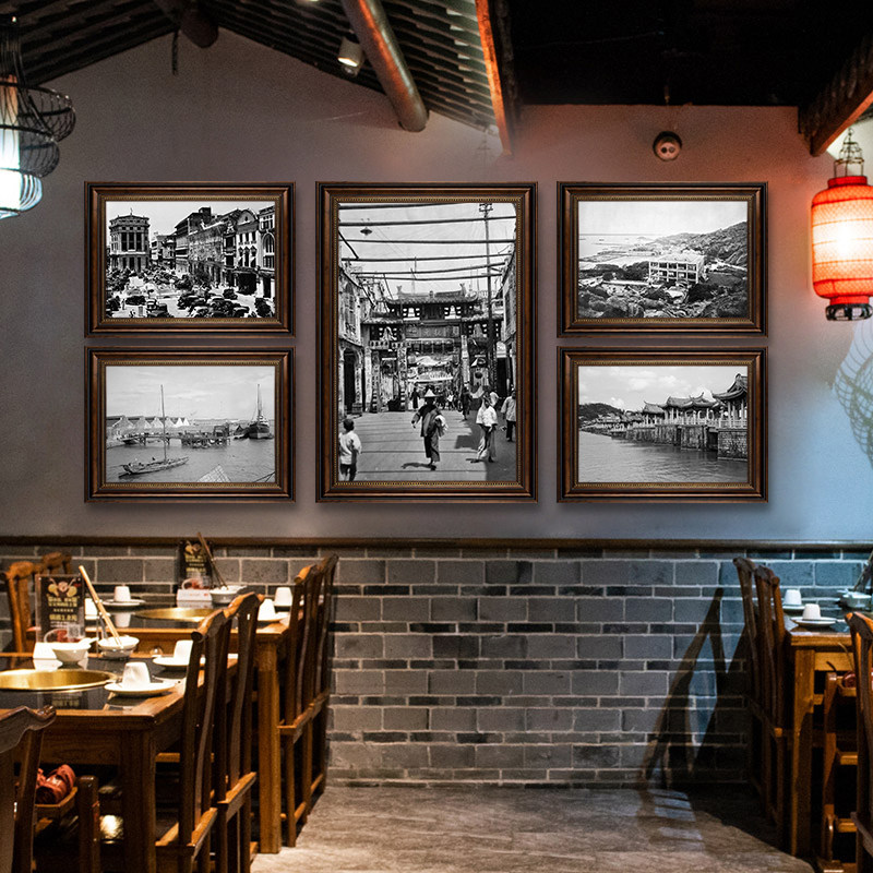 复古怀旧潮汕牛肉火锅店装饰画黑白老照片建筑街景饭店餐馆挂画