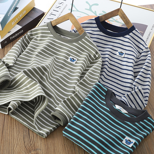 男童秋冬加厚条纹纯棉长袖T恤2025新款儿童保暖上衣中大童打底衫