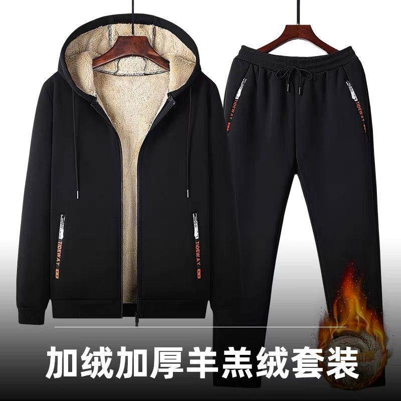 冬季加厚保暖羊羔绒套装男加绒休闲运动服秋季连帽青年卫衣两件套