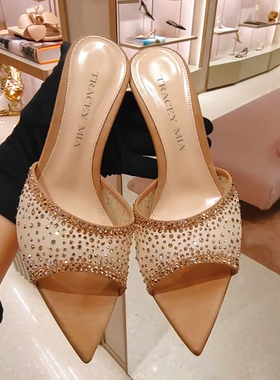 2025年新款夏一字带高跟鞋女细跟尖头水钻网纱半拖鞋女露趾凉拖鞋