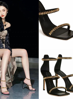 欧美2025年新款夏气质名媛一字带高跟鞋女细跟性感方头黑色凉鞋女