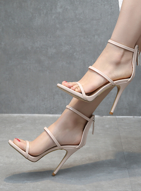 2025新款凉鞋女ins潮高跟鞋女细跟夏季罗马性感露趾一字带超火