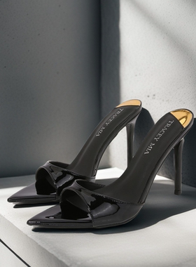 2025年新款夏性感高跟鞋女细跟漆皮半拖鞋尖头一字带凉拖鞋女外穿